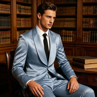 Luxury Men's Satin Tuxedo Suit Shawl Lapel Slim Fit 2-Piece Blazer & Pants Set Formal Business Casual Jacket Coat for Wedding