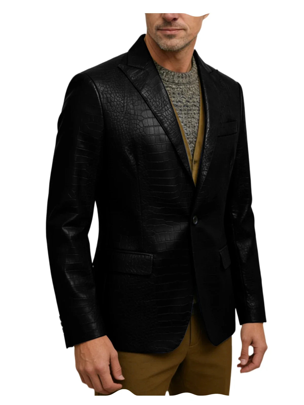Vintage Men's Crocodile Embossed Leather Blazer Notch Lapel 1 Button Jacket Business Casual Formal Luxury Coat With Flap Pockets