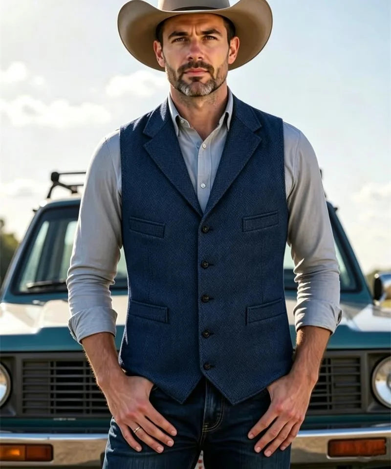 Men's Wool Tweed Suit Vest Lapel V Neck Sleeveless Herringbone Retro Casual Slim Fit Wedding Business Waistcoat for Tuxedos