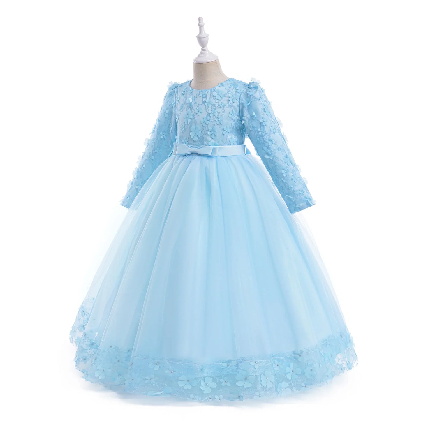 Long Sleeve Flower Bridesmaid Girls Dress Children Christmas Costume Lace Bow Princess Kids Dressees For Girl Party Wedding Gown
