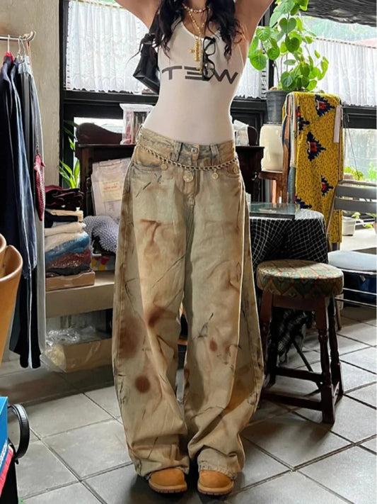 American High Street Aalyptic Sle Dyed Jeans Women's plus Size Dir Sexy Girl Vintage Waed Floor-Length Pants
