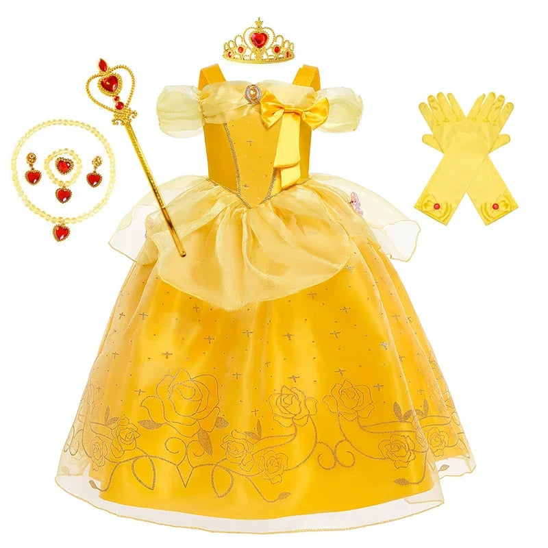 Kids Cosplay Disney Beauty and The Beast Belle Princess Dress Girls Party Costume Children Fancy Birthday Party Flower Disguise