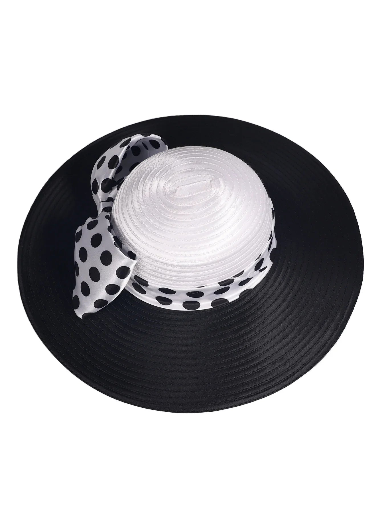 Elegant Women Wide Brim Rose Black Patchwork Polka Dots Kentucky Hat For Wedding Party Hat Big Bowknot Fedora Beach Cap