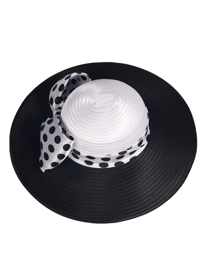 Elegant Women Wide Brim Rose Black Patchwork Polka Dots Kentucky Hat For Wedding Party Hat Big Bowknot Fedora Beach Cap