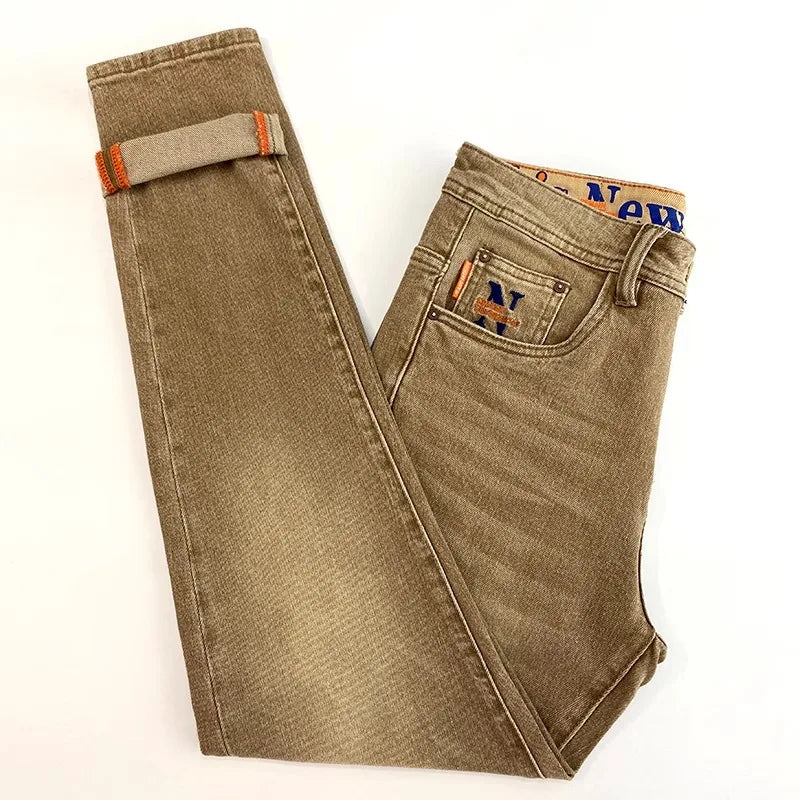 Elegant Slim Fit Men's Jeans Casual Khaki Straight Leg Elastic Fashionable City Style Summer Denim Pants Youth Wear