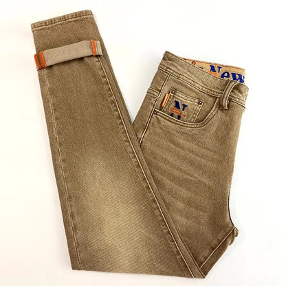 Elegant Slim Fit Men's Jeans Casual Khaki Straight Leg Elastic Fashionable City Style Summer Denim Pants Youth Wear