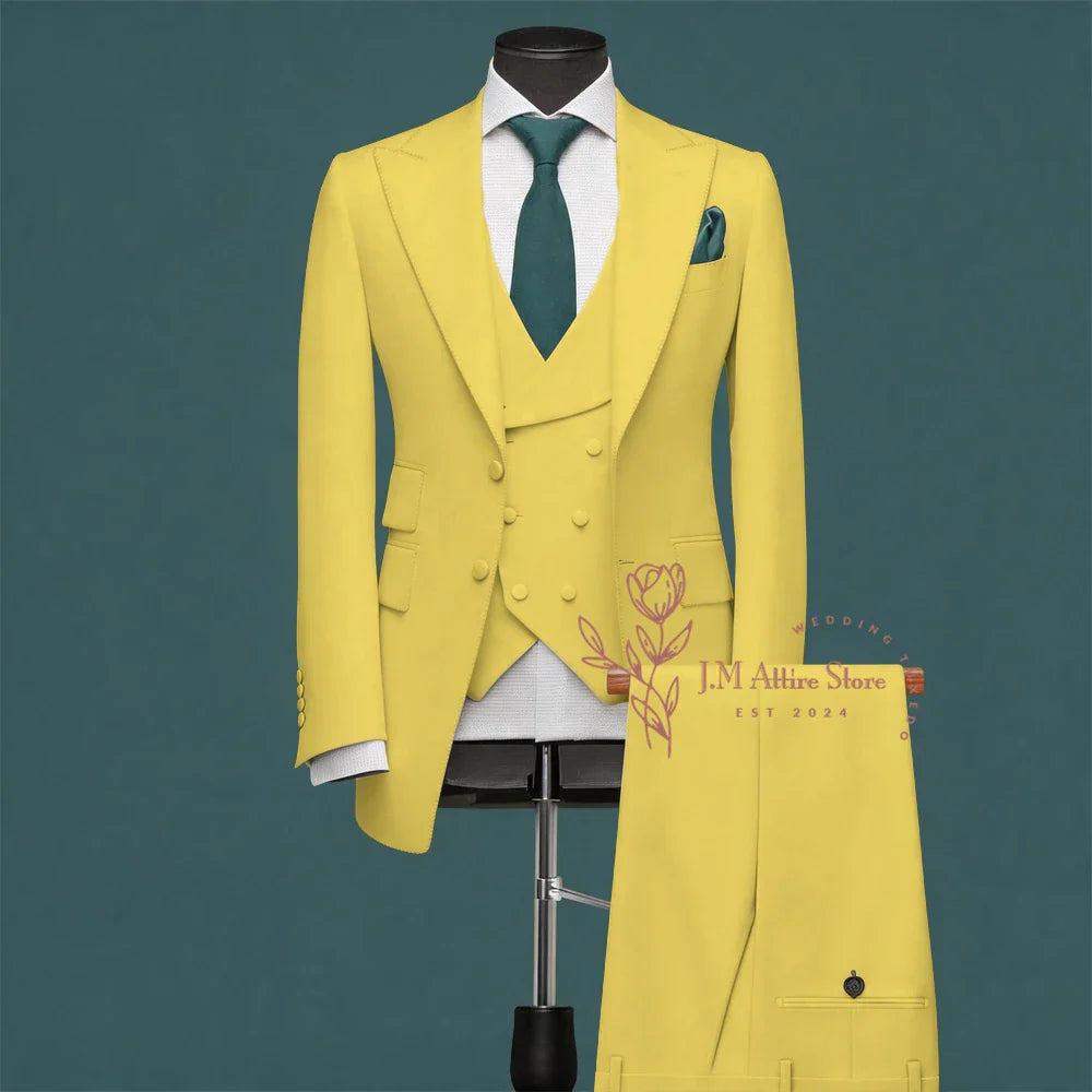 Light Green Men’s Suit Slim Fit Peak Lapel Jacket Double Breasted Vest Pants Wedding Formal 3 Piece Party Set For Groomsmen