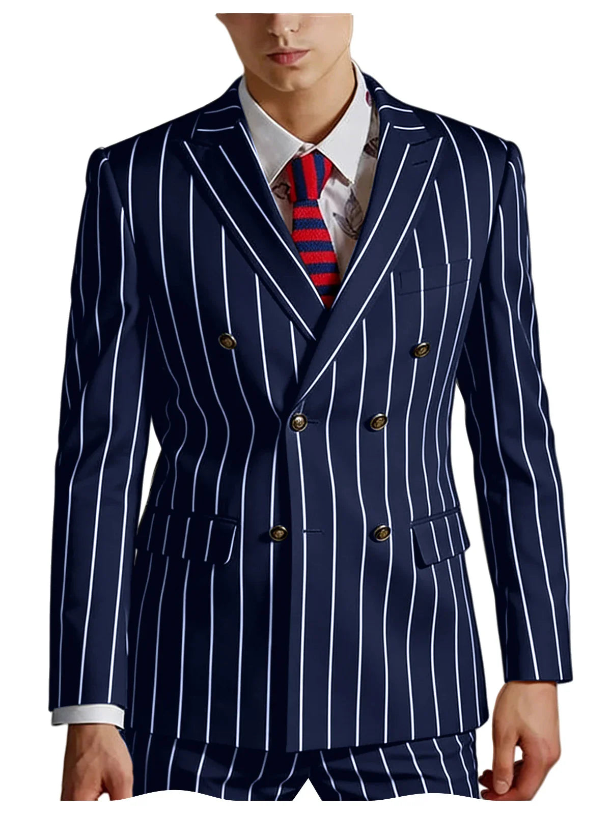Men's Pinstripe 2 Piece Suit Set Double Breasted Peak Lapel Slim Fit Striped Tuxedo Suit For Wedding Prom Business Formal