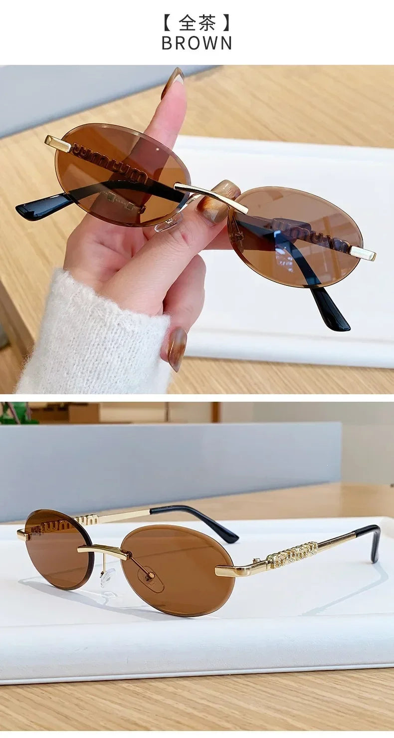 New Oval Rimless Sunglasses Women Luxury Fashion Narrow Sun Glasses Shades Trendy Elegant Diamond Eyewear Lentes De Sol Mujer