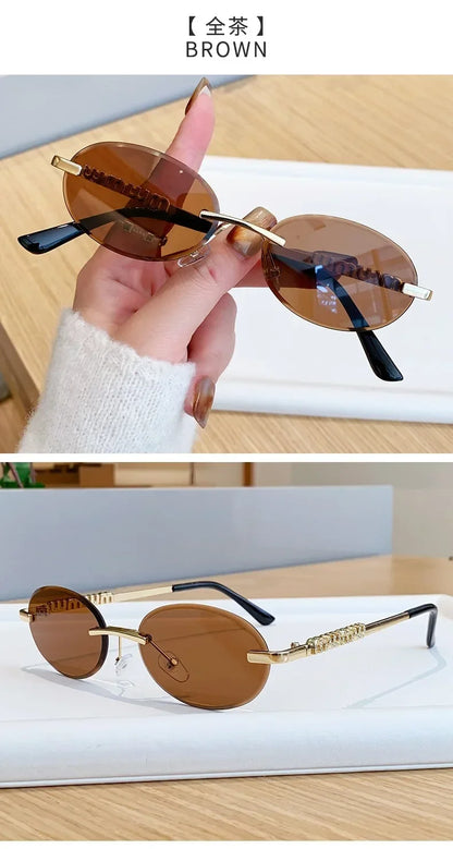 New Oval Rimless Sunglasses Women Luxury Fashion Narrow Sun Glasses Shades Trendy Elegant Diamond Eyewear Lentes De Sol Mujer