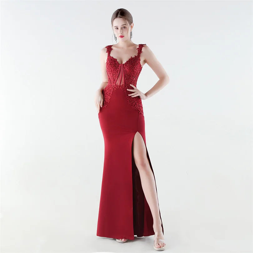 10 Colors Women's Sexy Slit Evening Dress with Appliques Soft Satin Wedding Party Dresses Prom Gowns robe de soiree