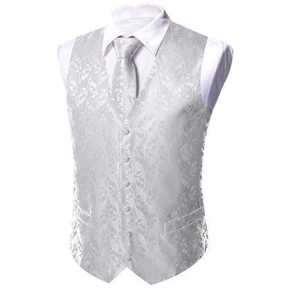 White Scroll Pattern V-Neck Waistcoat 4-In-1 Kit Tie Square Cufflinks For Bridal Shower Outdoor Wedding
