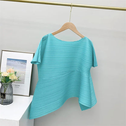 Miyake Irregular Short Sleeve Pleated Top Simple Loose Plus Size with Stretch T-Shirt Vacation Office Clothing Polyester Crepe
