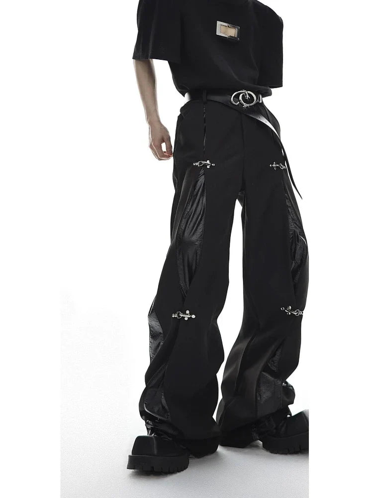 Mens Trousers Harajuku Deconstructed Streetwear Metal Buckle Suit Pants Leather Patchwork Straight Leg Loose Fit Draped Casual