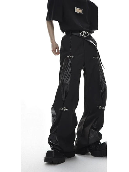 Mens Trousers Harajuku Deconstructed Streetwear Metal Buckle Suit Pants Leather Patchwork Straight Leg Loose Fit Draped Casual