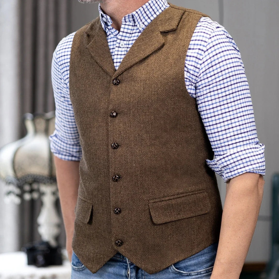 Men Vest Brown Herringbone Single Button With Lapel Waistcoat For Wedding Banquet Party Business Work Daily Casual Men Suit Vest