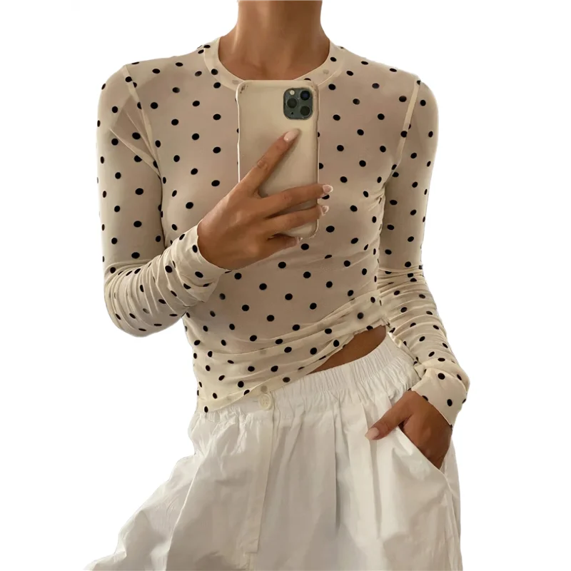 ABRT-Women's Round Neck Polka Dot Perspective Mesh Slim Fit Long Sleeve Shirt