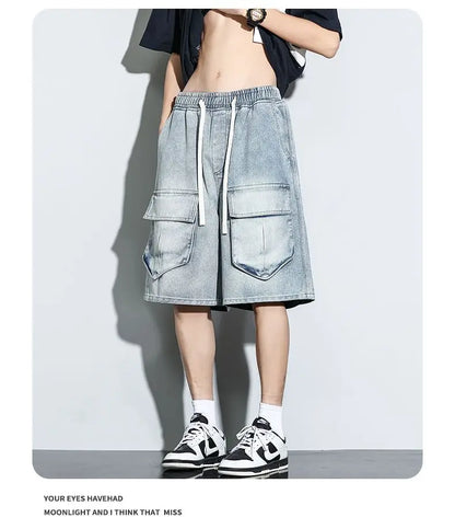Bermuda Men's Denim Shorts Summer New Fashion Loose Jeans Casual Vintage Drawstring Cargo Short Pants Male Streetwear