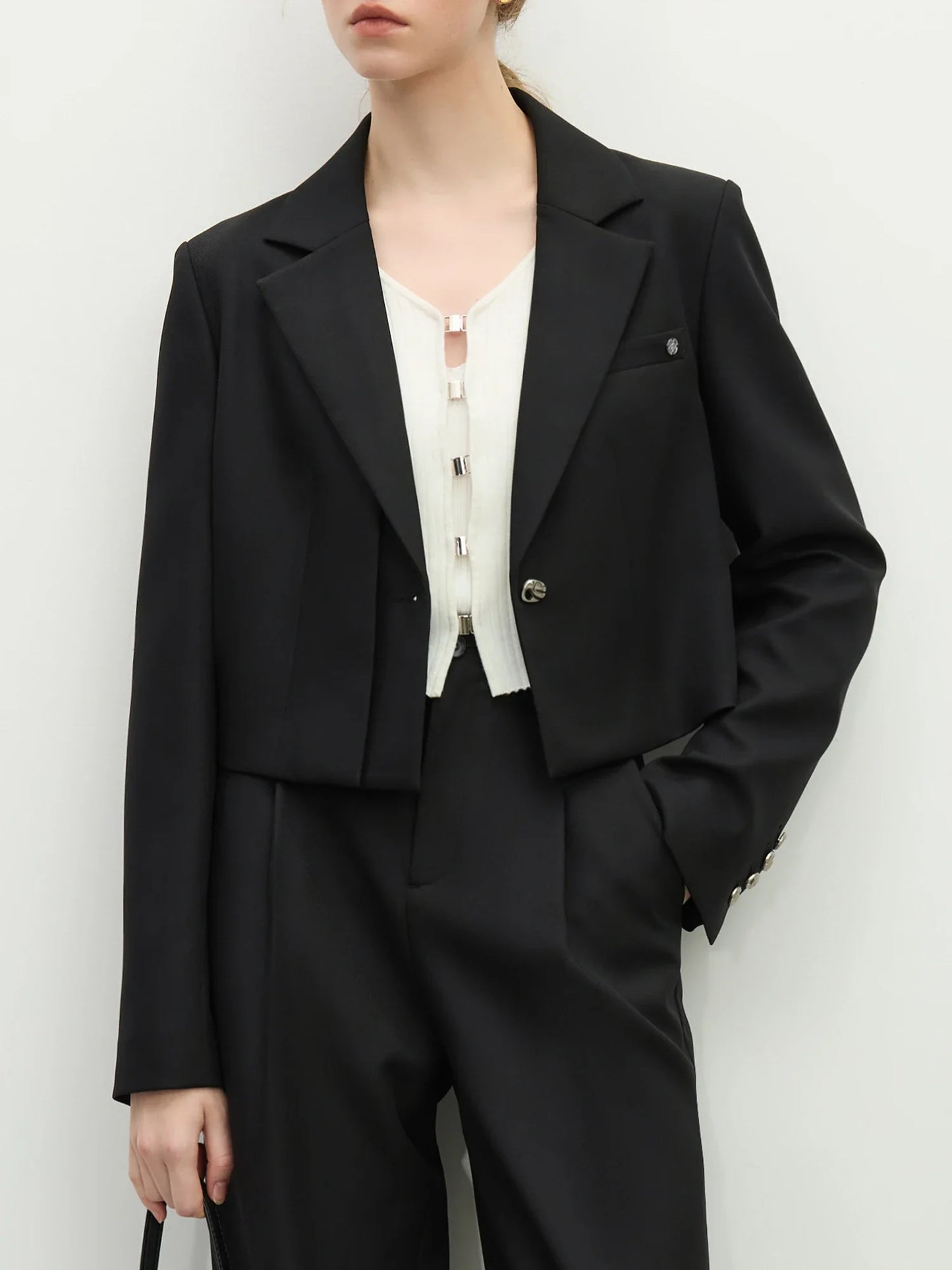 FSLE Women Spring Black Suit Sets Office Lady Temperament Short Single Button Blazers Full Length Trousers 25FS11065+25FS11066