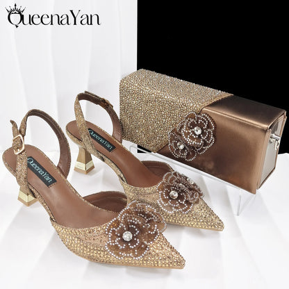 Elegant African-Inspired Evening Shoes and Handmade Clutch Set Pointed Toe High-Heel Women's Footwear and Matching Bag