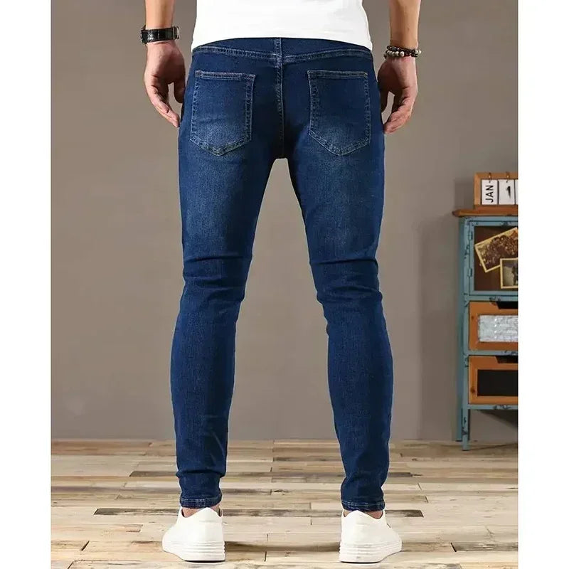 Men Narrow Leg Jeans Male Straight Leg Slim Pencil Denim Pants Classic Casual Daily Stretch Skinny Trousers