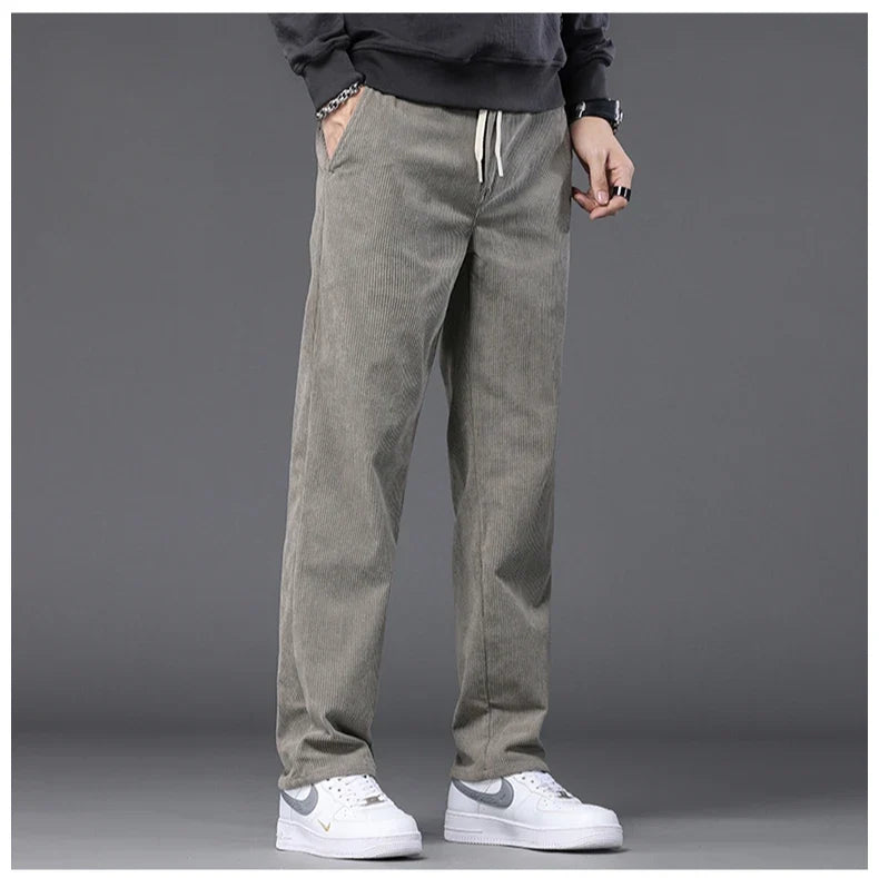 Straight Corduroy Classic Male Pants Khaki Black Gray Baggy Fashion Elastic Waist Trousers Soft Stretchy Casual Men's Clothing