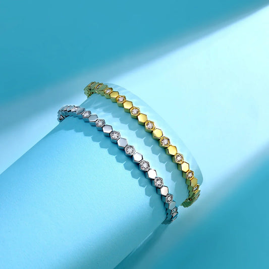 Bracelet de tennis hexagonal en argent sterling 925 plaqué or 14K avec moissanite pour femmes, bijou géométrique étincelant