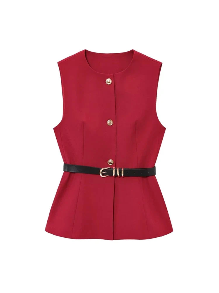 Women's Long Waistcoat with Belt, Front Gold Button, O Neck Sleeveless Vest, Female Outerwear, Chic Tops, Fashion