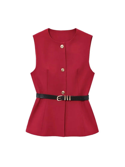 Women's Long Waistcoat with Belt, Front Gold Button, O Neck Sleeveless Vest, Female Outerwear, Chic Tops, Fashion