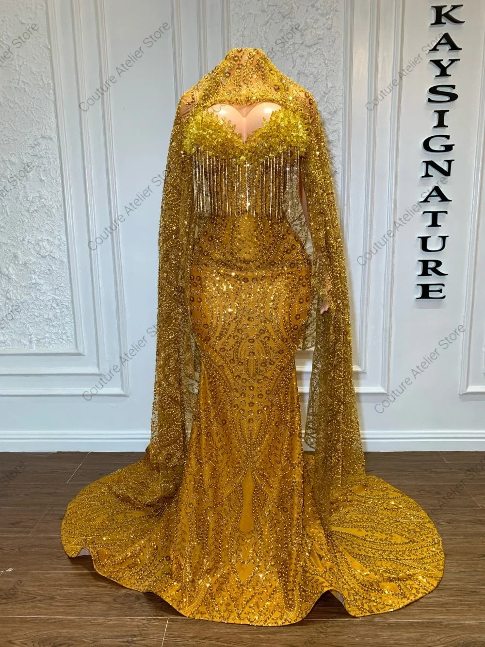 Glamorous Gold Stones Prom Dresses With Head Cover Beaded Rhinestones Mermaid African Wedding Dress Black Girls Customized