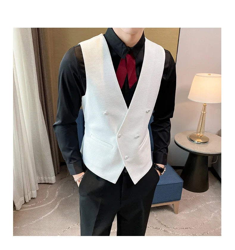 2025 New Fashion Men's Double Breasted Gentleman Dress Casual Vest Fashion Nightclub Bartender Work Clothes V Neck Vest Jacket