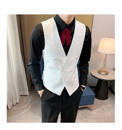 2025 New Fashion Men's Double Breasted Gentleman Dress Casual Vest Fashion Nightclub Bartender Work Clothes V Neck Vest Jacket