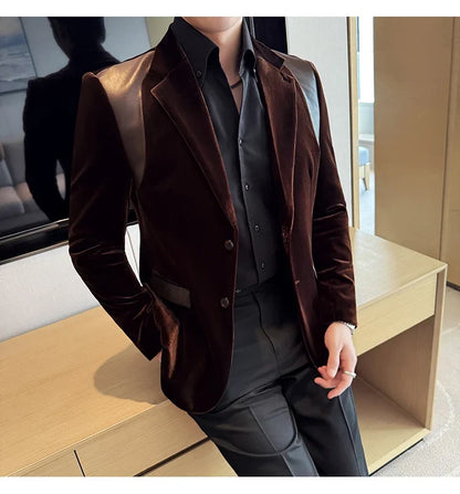 Autumn Winter New Men Mercerized Velvet Slim Fit Suit Coats Fashion Leather Splicing Casual Business Formal Party Tailcoat 4XL-M