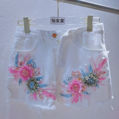 Korean Fashion Women Summer Denim Shorts Heavy Industry Nail Bead Studded Diamond New Flower Ripped Jeans Shorts