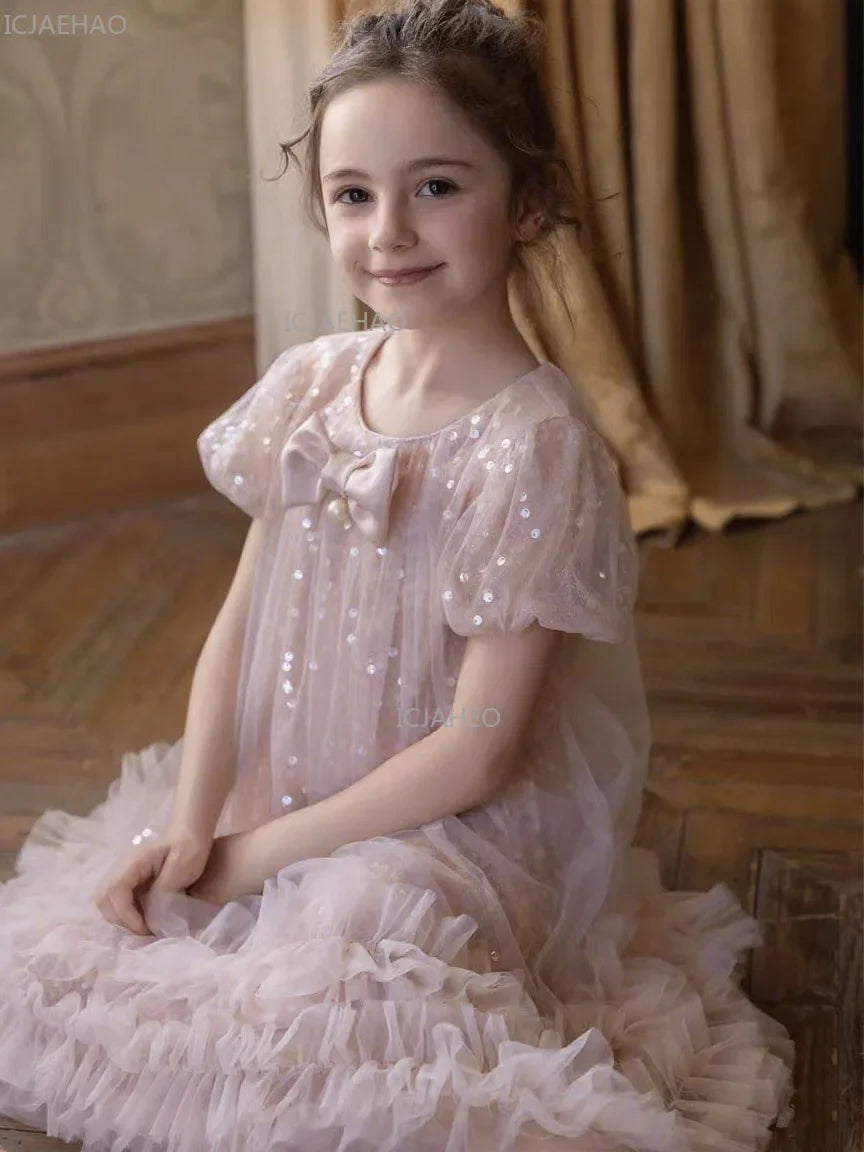 2026 New Summer Dress Girls Sequin Tulle Princess Party Gown Children Pageant Formal Attire Celebration Outfit Elegant Clothes