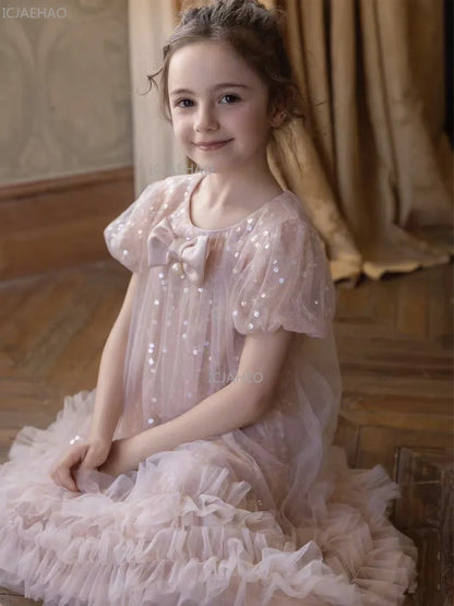 2026 New Summer Dress Girls Sequin Tulle Princess Party Gown Children Pageant Formal Attire Celebration Outfit Elegant Clothes