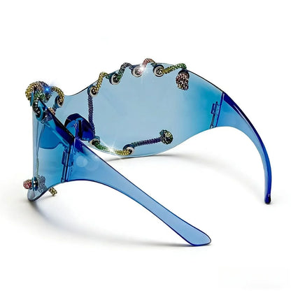 Women's Exaggerated Oversized One-Piece Rhinestone Chain Sunglasses Y2K Retro Futuristic Fashion Silver Goggles Shades for Party