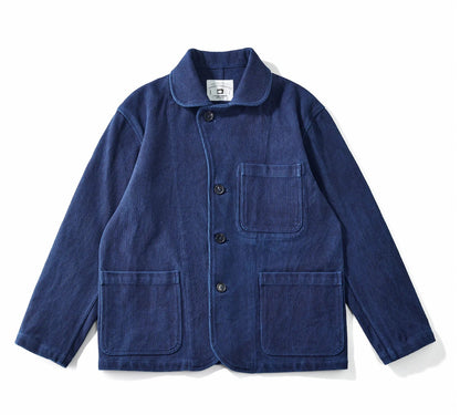 Heavy Weight Indigo Jacket Men Autumn Winter Vintage Workwear Tooling Jacket Blue Dyed Kendo Fabric Multi-pocket Cardgian Coat