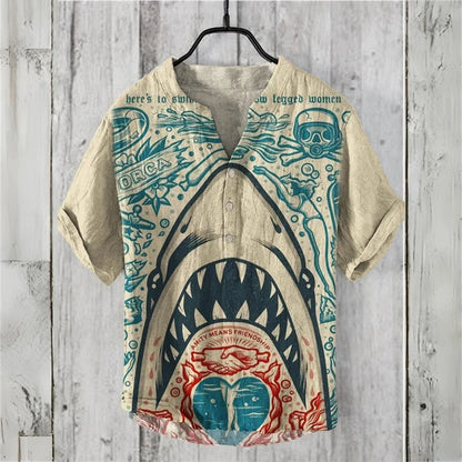 Men's short-sleeved POLO shirt blended linen top Hawaiian vacation great white shark fashion print Comfortable men's clothing