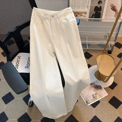 Summer Women's White High Waisted Wide Leg Jeans Premium Draped Effortless Chic Loose Straight Leg Denim Pants for Daily Office