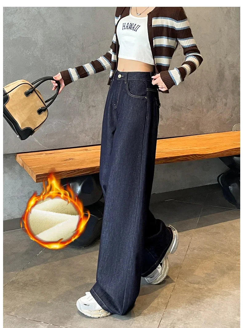 Wide Legs Fleece Jeans Women Winter Loose Velvet Casual Pants Comfortable Warm Straight Fashion Pocket Plush Denim Trousers