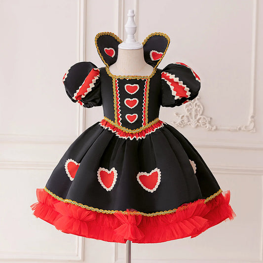 Halloween Red Queen Costume Girls Queen of Hearts Costume with Heart Details Stand Collar Red Black White Carnival Dress