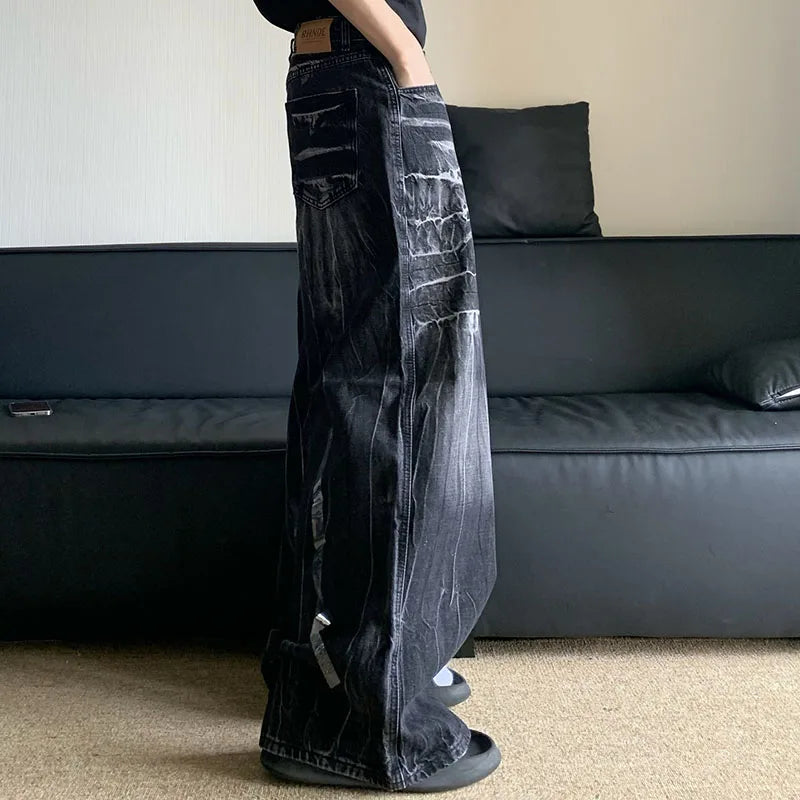 Autumn Winter Korean Vintage Jeans Lightning Pattern Design Men'S Loose Straight Leg Pants Casual Fashion Black Pants