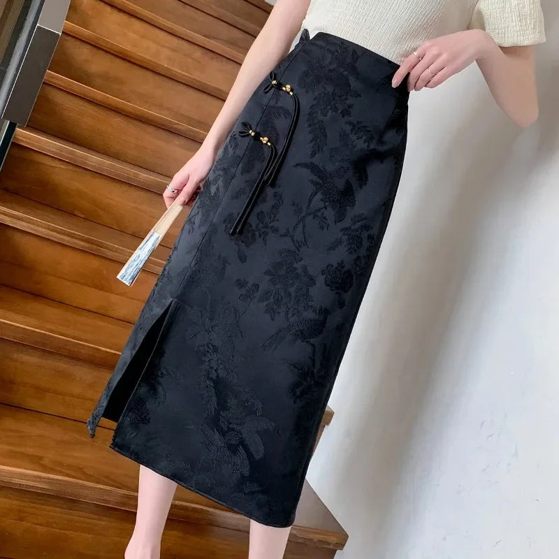 Chinese Style Skirts for Women Printed Casual Streetwear Elegant Female Spring Summer Chic Solid High Waist Simple New Trendy