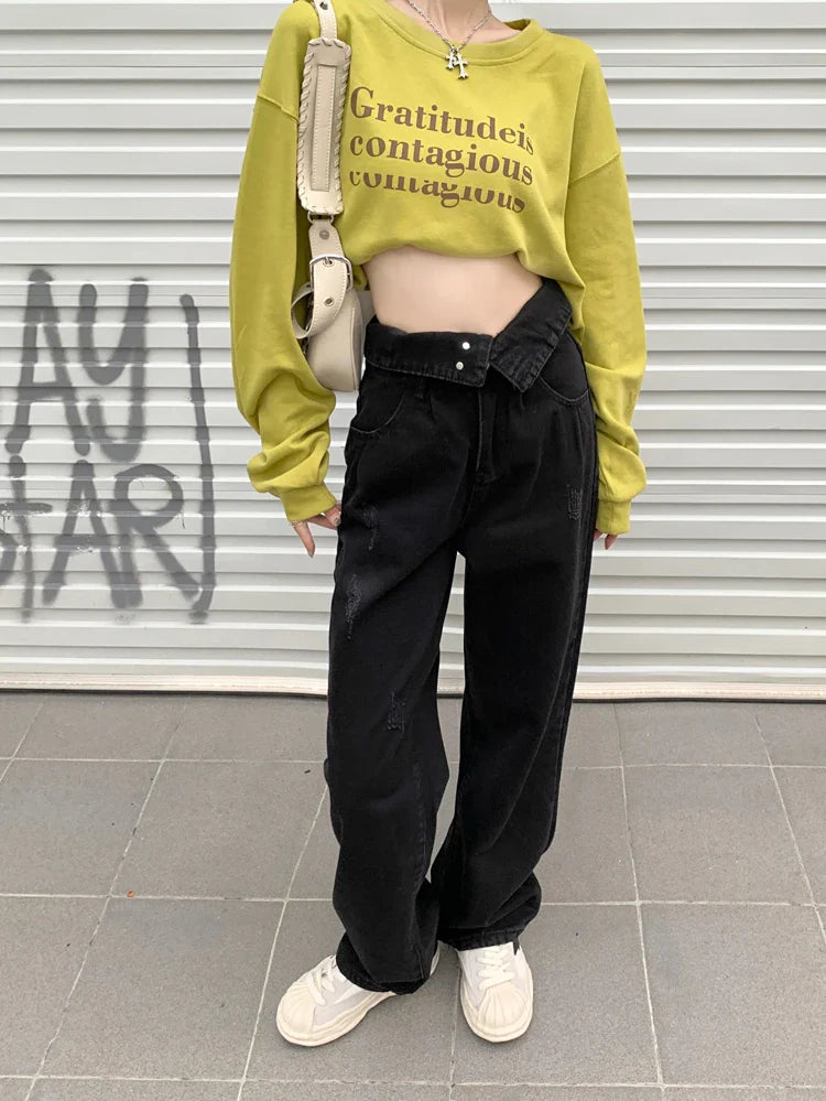 Hight Waist Denim Pant Women Jeans Vintage Straight Trousers Jeans Autumn Spring Fashion Female Black Casual Wide Leg Pants