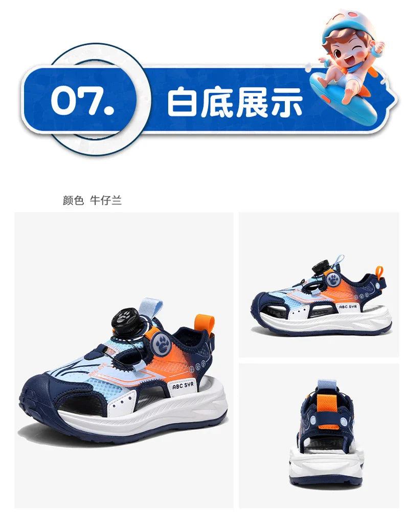 Kids Rotating Button Closed-Toe Sandals, Breathable Mesh Sport Shoes for Boys, Non-Slip Adjustable Summer Beach Sneakers