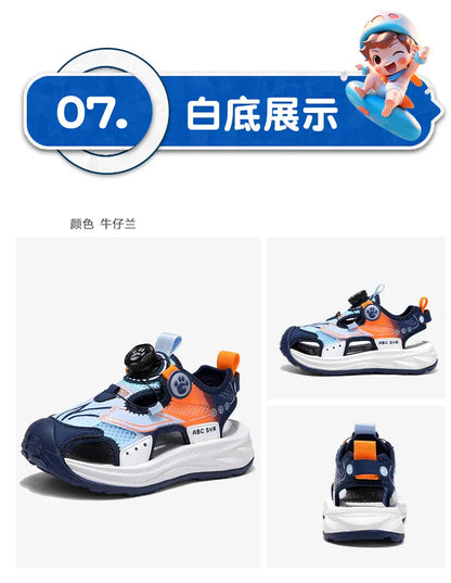 Kids Rotating Button Closed-Toe Sandals, Breathable Mesh Sport Shoes for Boys, Non-Slip Adjustable Summer Beach Sneakers