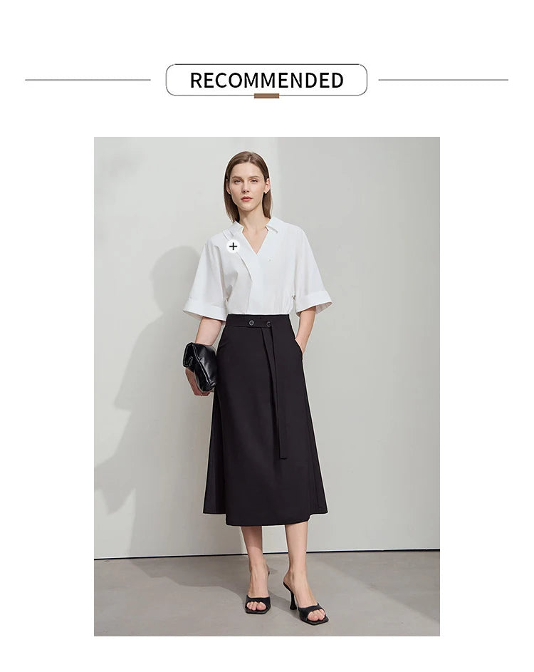 Minimalist Knee length Skirt Women Pleated A-line Loose Dress Elegant Commuting Style Belt Decoration Skirts 12522074