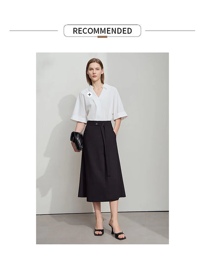 Minimalist Knee length Skirt Women Pleated A-line Loose Dress Elegant Commuting Style Belt Decoration Skirts 12522074
