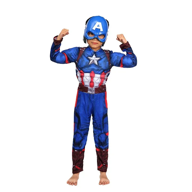 Kid Boys Captain America Muscle Costume Superhero Cosplay Jumpsuit  Halloween Carnival Party Birthday Dress Up Role Play Costume